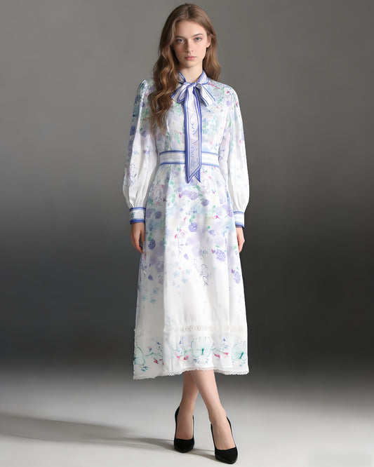 Floral Print Midi Dress with Bow Neck & Lace Trim