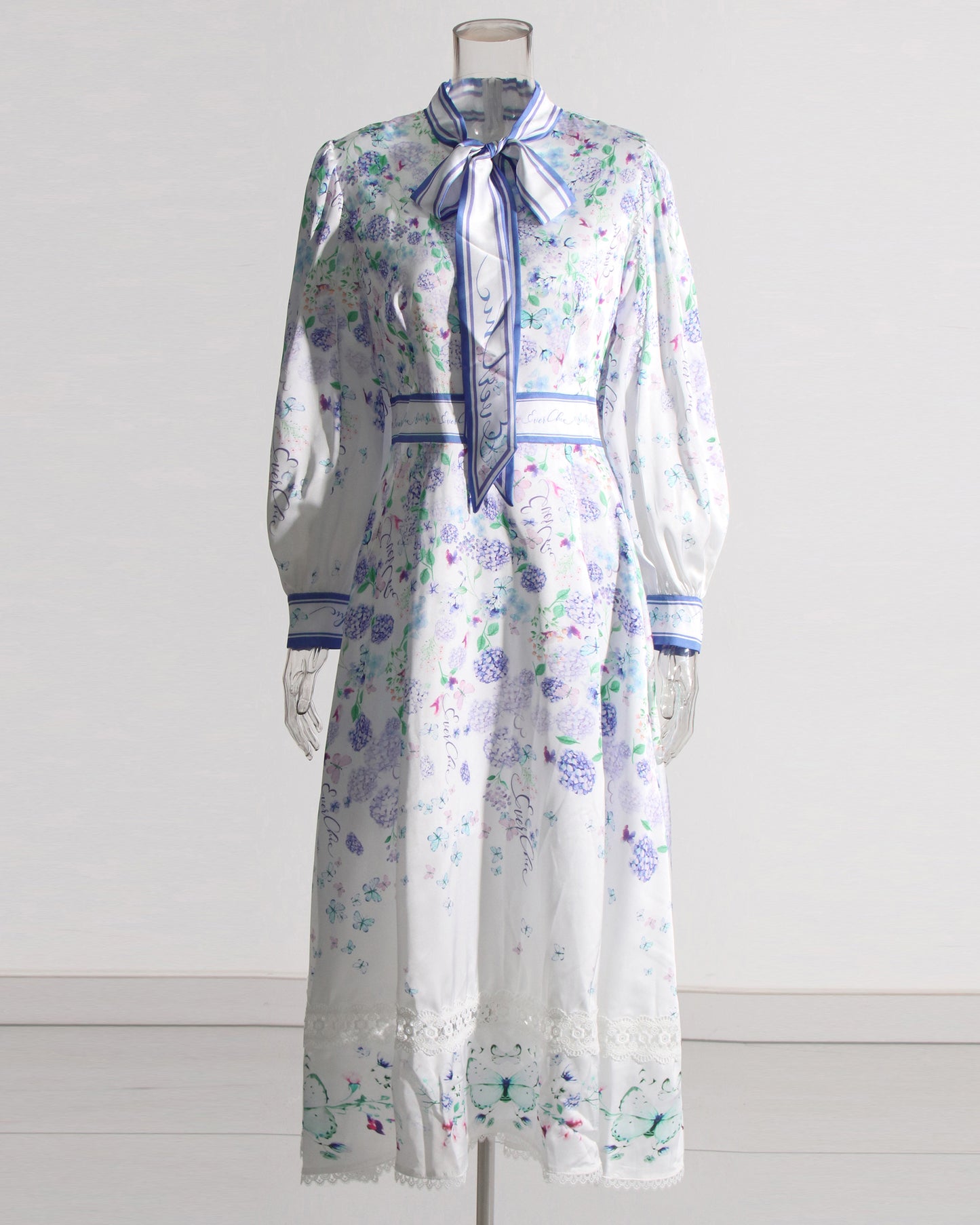 Floral Print Midi Dress with Bow Neck & Lace Trim