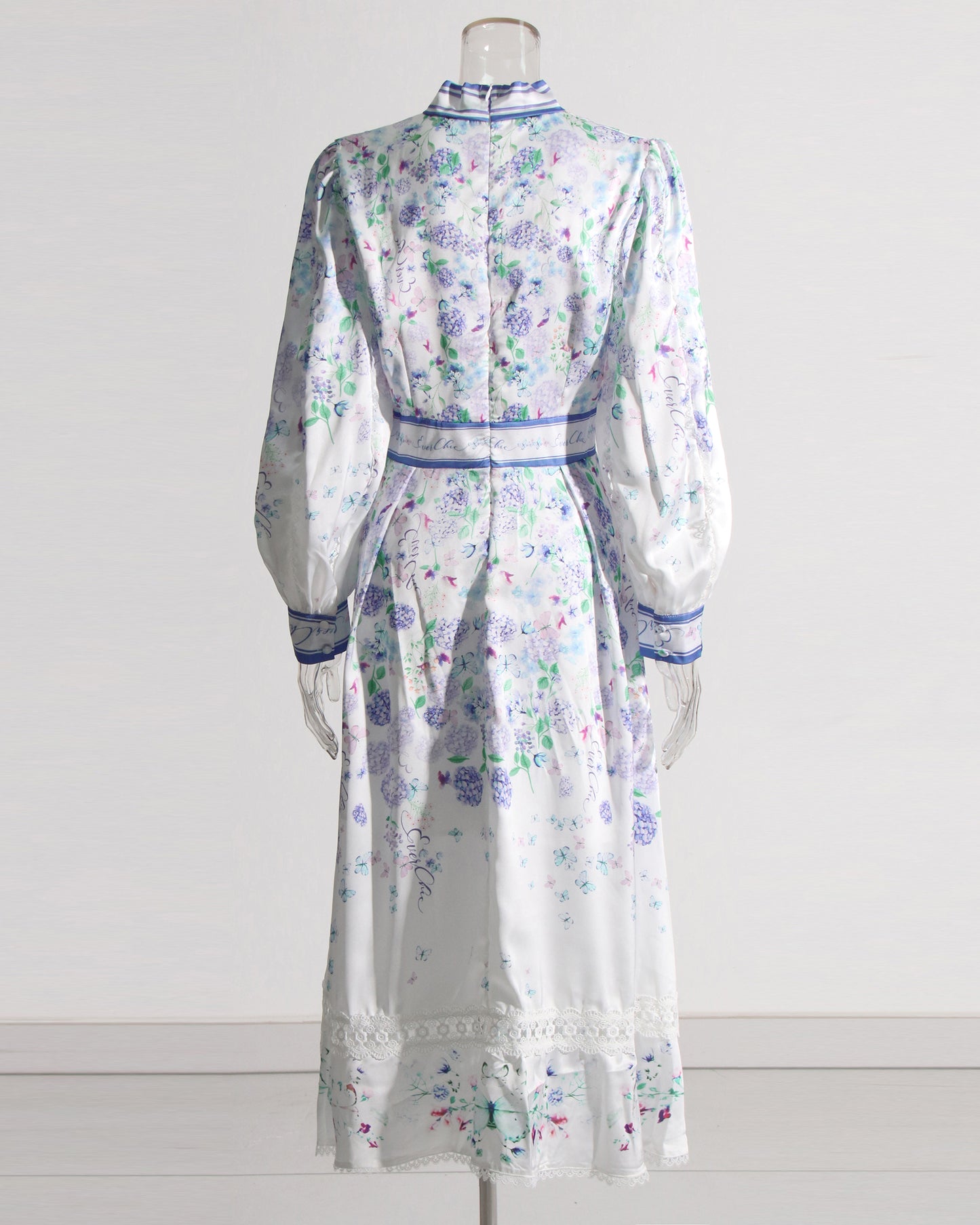 Floral Print Midi Dress with Bow Neck & Lace Trim