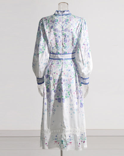 Floral Print Midi Dress with Bow Neck & Lace Trim