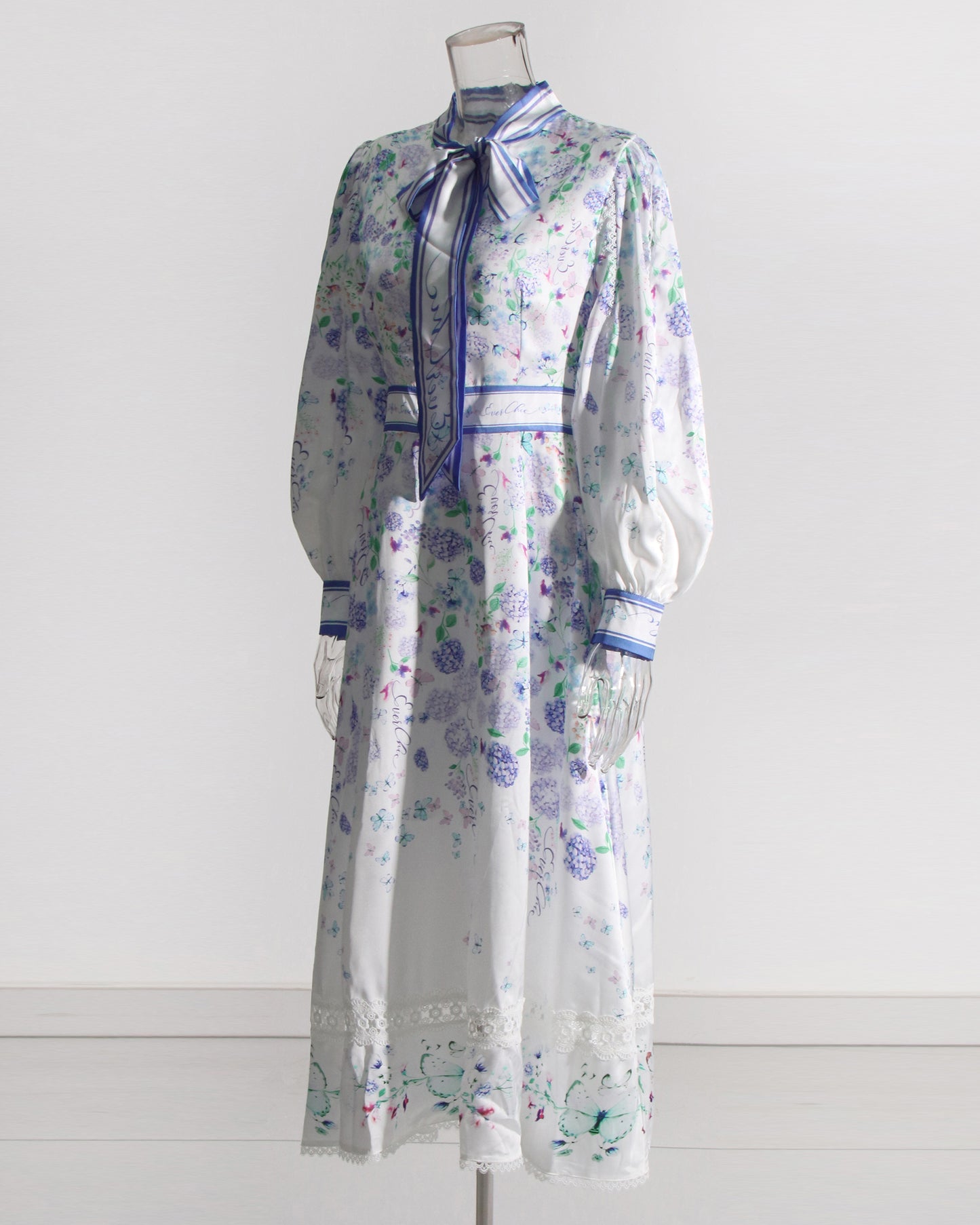 Floral Print Midi Dress with Bow Neck & Lace Trim