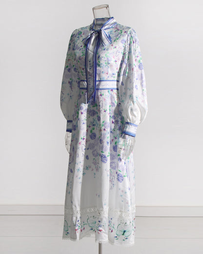 Floral Print Midi Dress with Bow Neck & Lace Trim