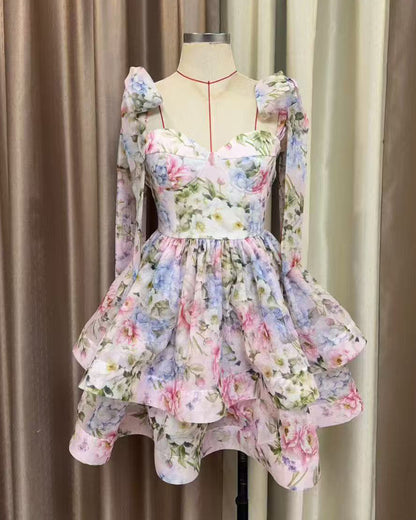 Floral Print Tie-Strap Ruffle Cake Dress