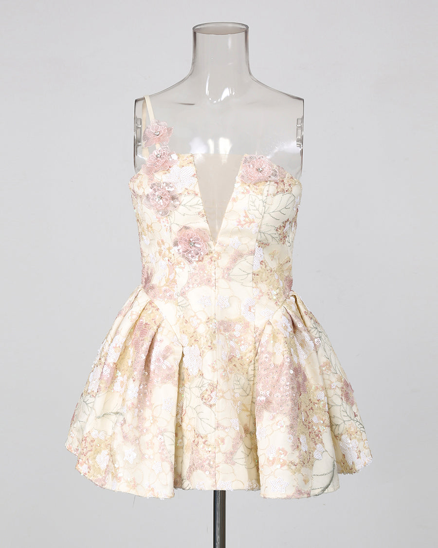 Floral Sequin Bubble Hem Mini Dress