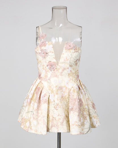 Floral Sequin Bubble Hem Mini Dress