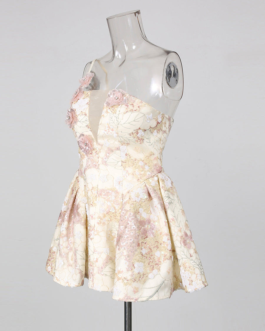 Floral Sequin Bubble Hem Mini Dress