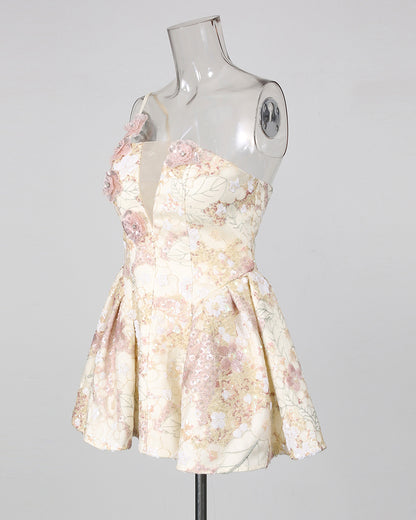 Floral Sequin Bubble Hem Mini Dress