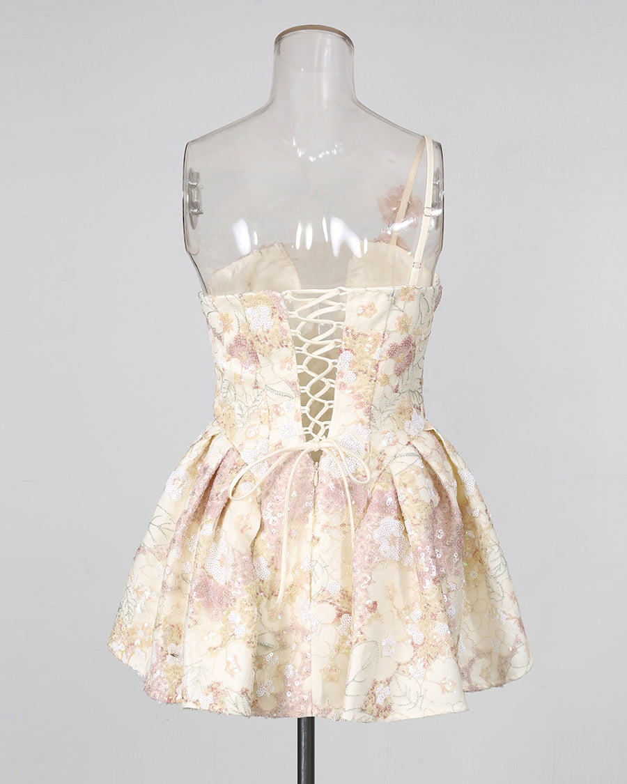 Floral Sequin Bubble Hem Mini Dress