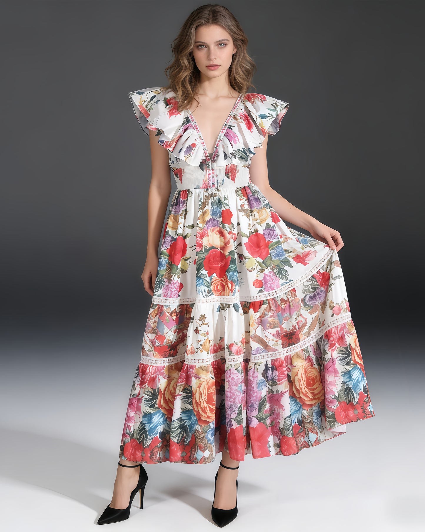 Floral Print Ruffle Tiered Maxi Dress