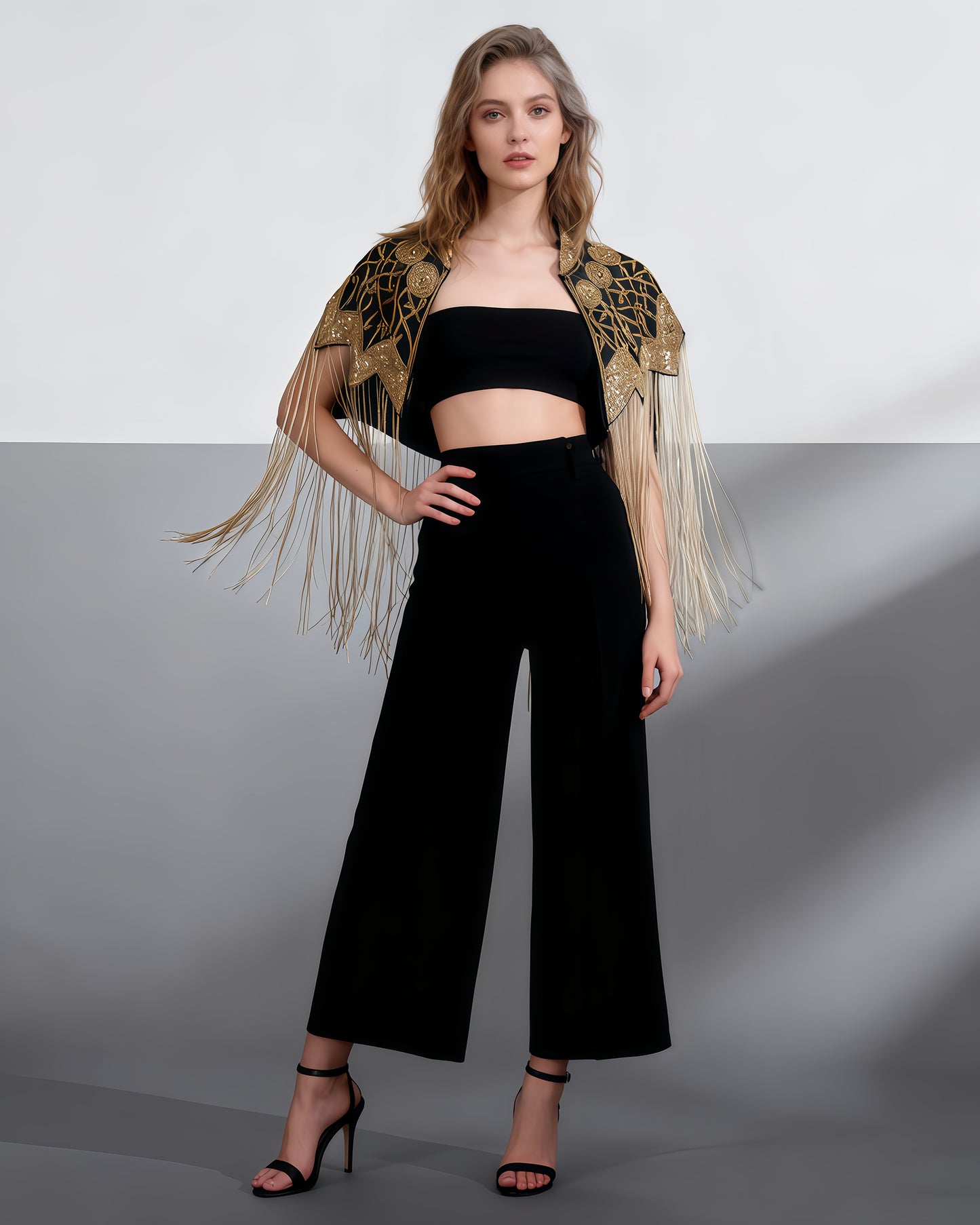 Gold Embroidered Fringe Capelet Jacket