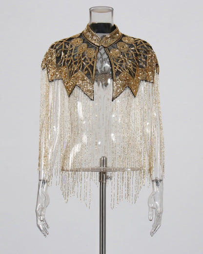 Gold Embroidered Fringe Capelet Jacket