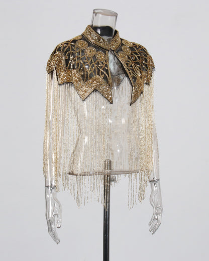 Gold Embroidered Fringe Capelet Jacket