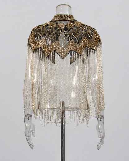Gold Embroidered Fringe Capelet Jacket