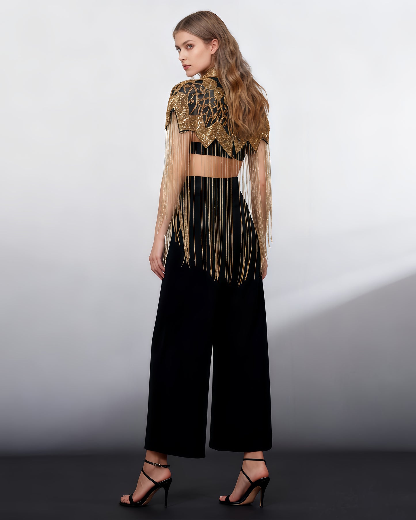 Gold Embroidered Fringe Capelet Jacket