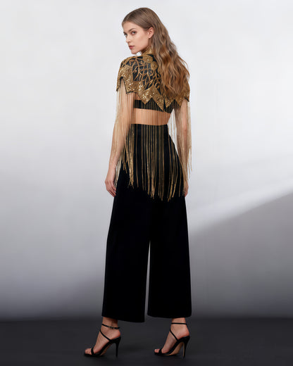 Gold Embroidered Fringe Capelet Jacket