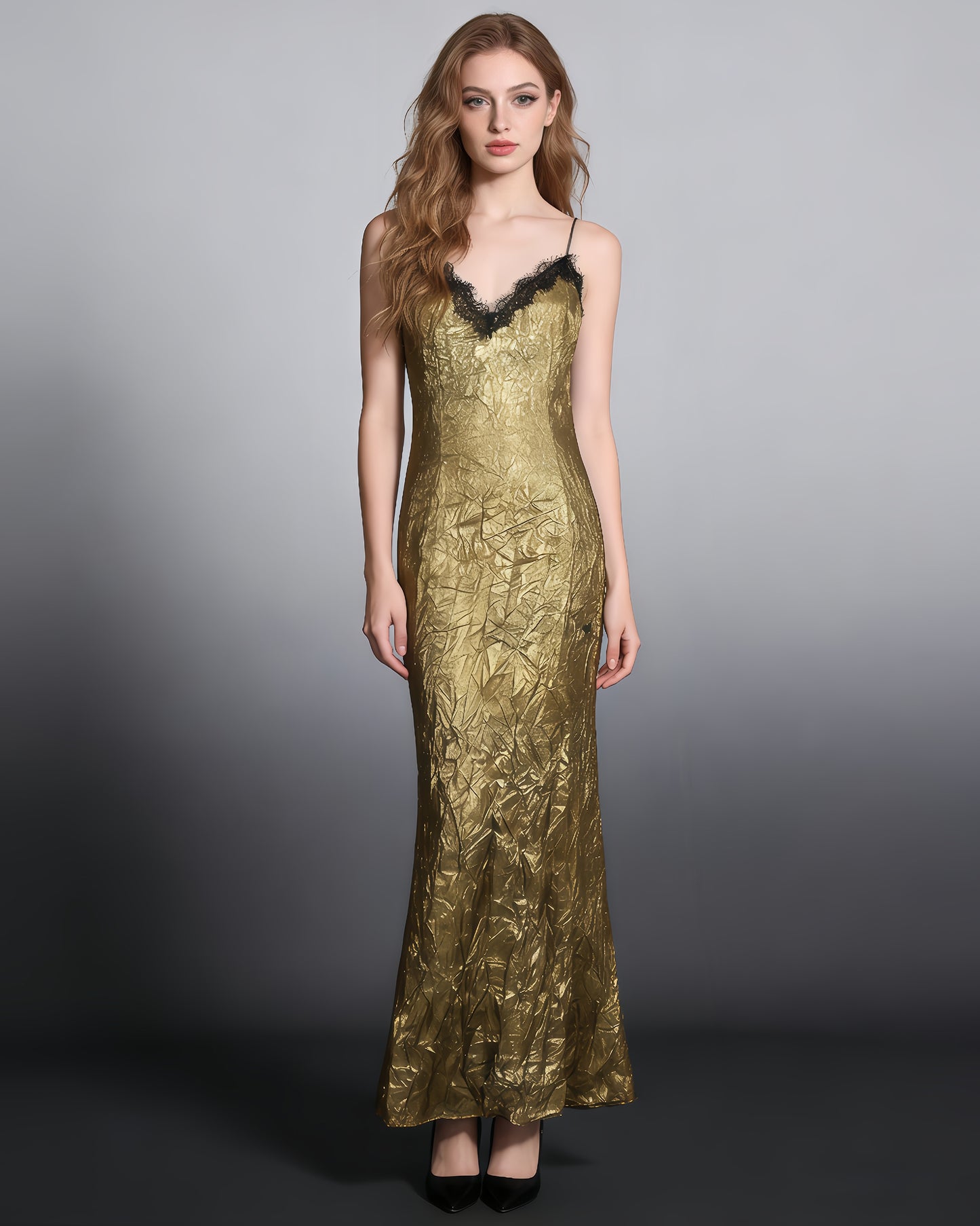 Gold Lace V-Neck Crinkled Satin Slip Maxi Dress