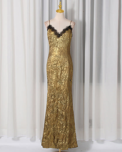 Gold Lace V-Neck Crinkled Satin Slip Maxi Dress