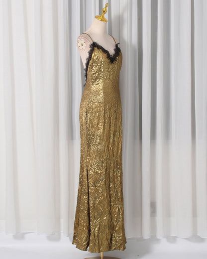Gold Lace V-Neck Crinkled Satin Slip Maxi Dress