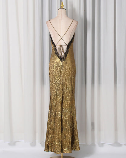 Gold Lace V-Neck Crinkled Satin Slip Maxi Dress