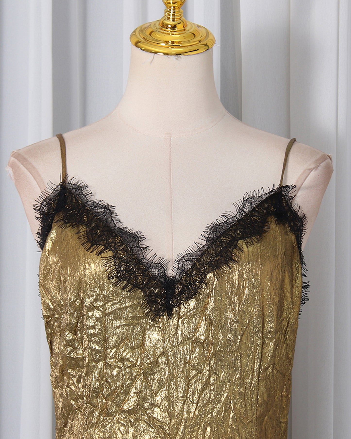 Gold Lace V-Neck Crinkled Satin Slip Maxi Dress