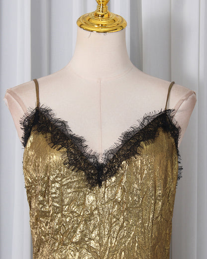Gold Lace V-Neck Crinkled Satin Slip Maxi Dress