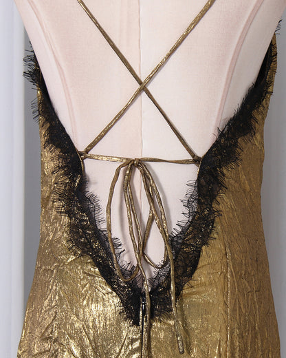 Gold Lace V-Neck Crinkled Satin Slip Maxi Dress