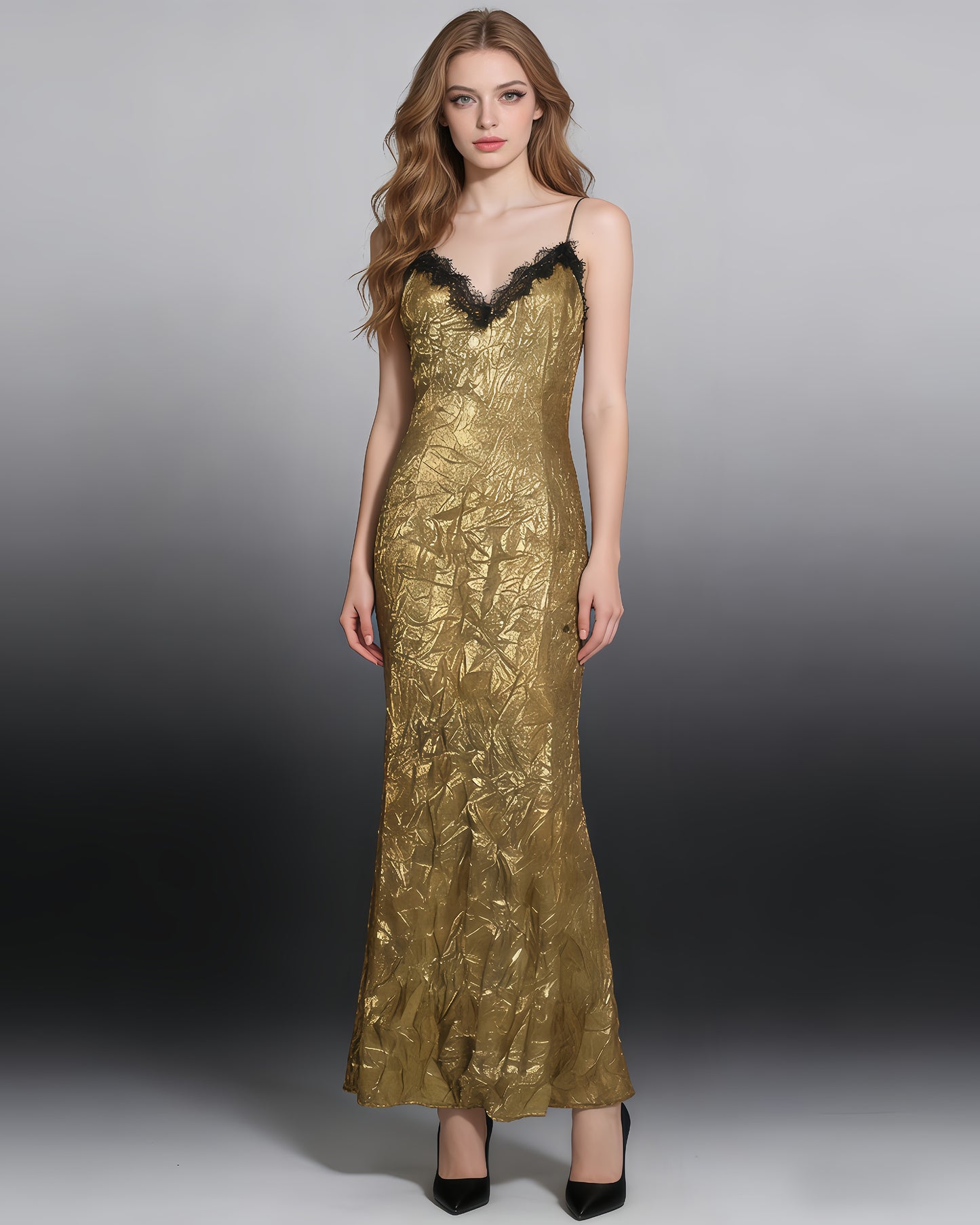 Gold Lace V-Neck Crinkled Satin Slip Maxi Dress