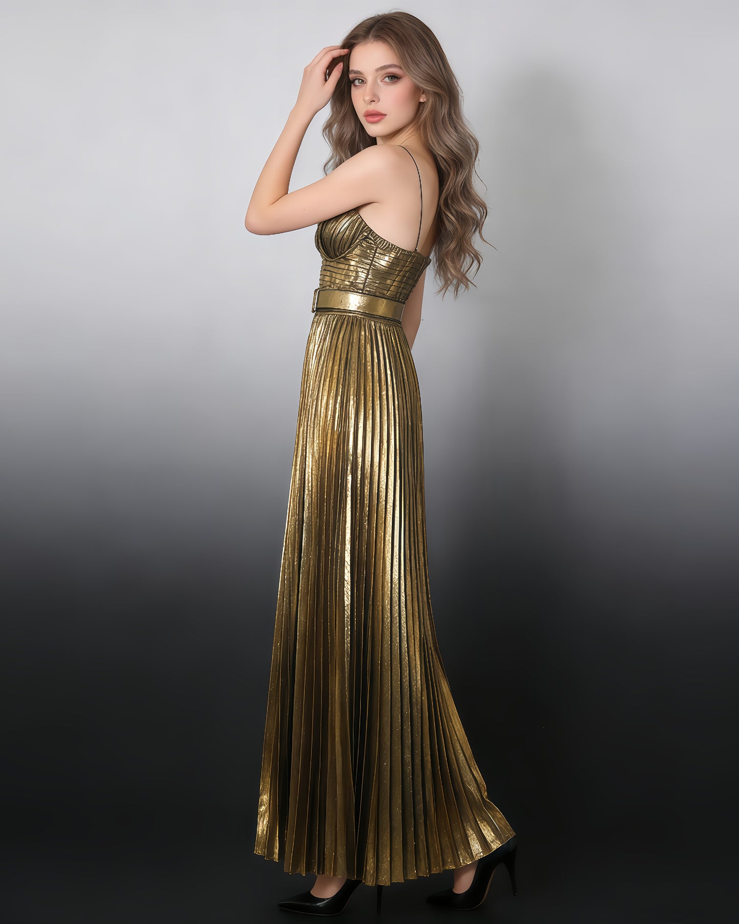 Gold Pleated Maxi Dress with Belt