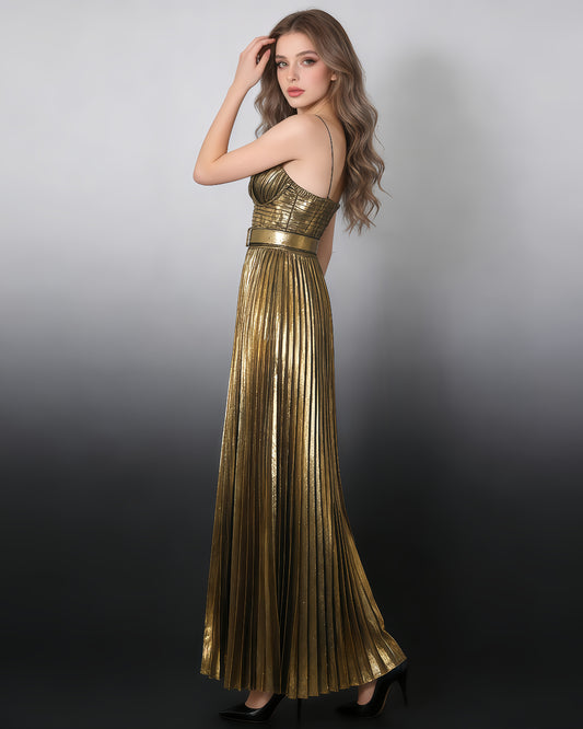 Gold Pleated Maxi Dress with Belt