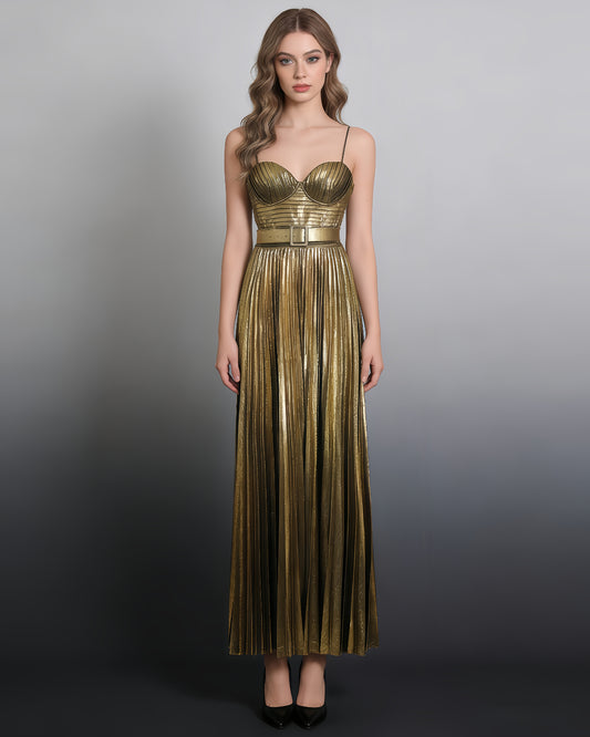Gold Pleated Maxi Dress with Belt