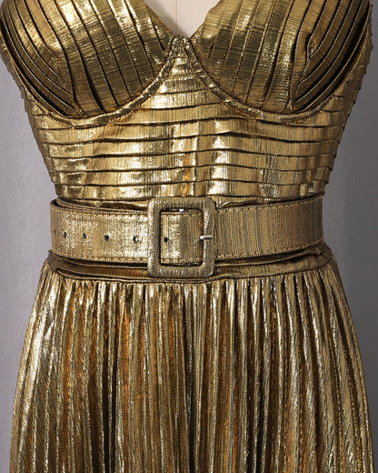 Gold Pleated Maxi Dress with Belt