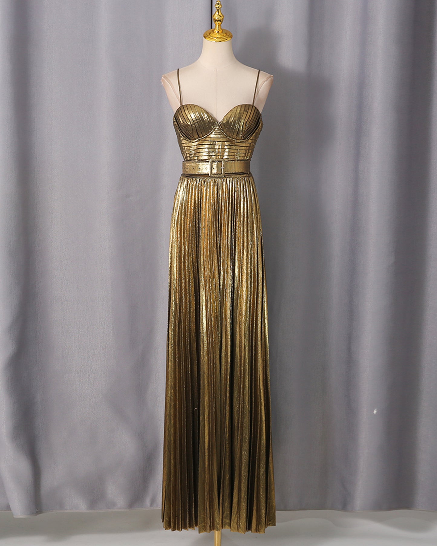 Gold Pleated Maxi Dress with Belt