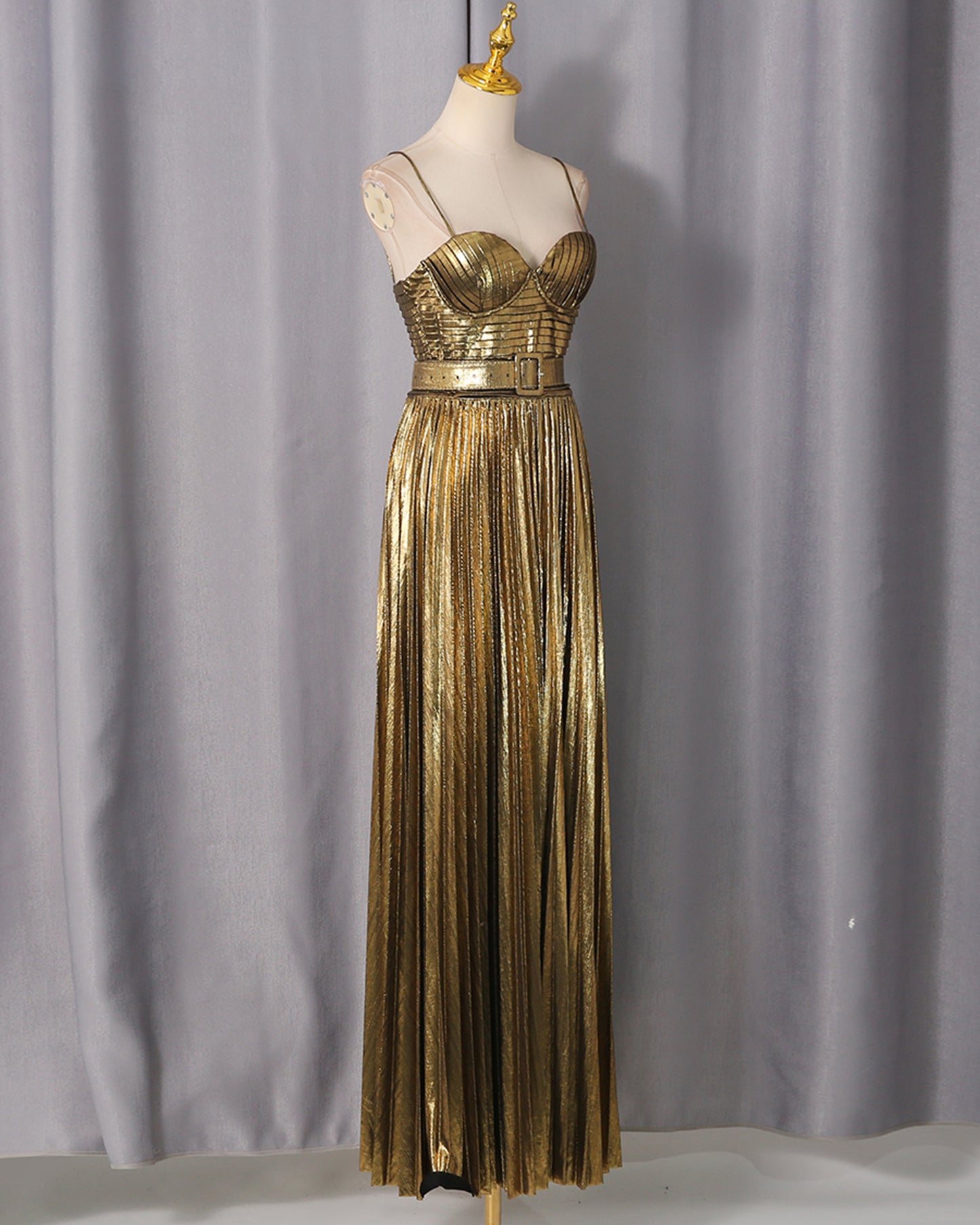 Gold Pleated Maxi Dress with Belt