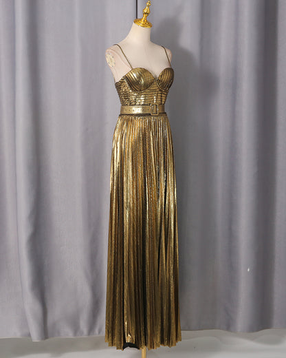 Gold Pleated Maxi Dress with Belt