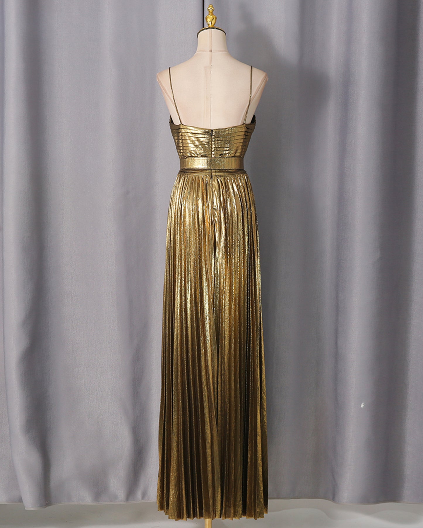 Gold Pleated Maxi Dress with Belt