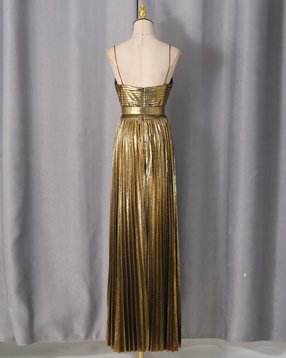 Gold Pleated Maxi Dress with Belt