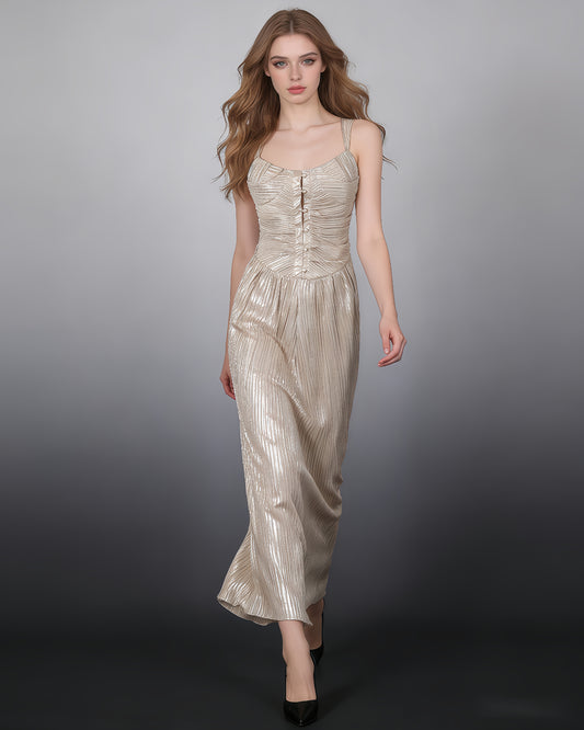 Gold Smocked Ruched Sleeveless Maxi Dress