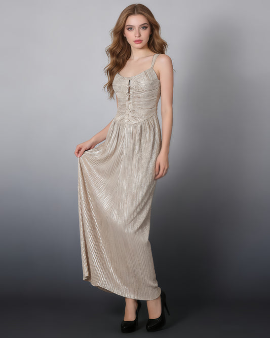 Gold Smocked Ruched Sleeveless Maxi Dress