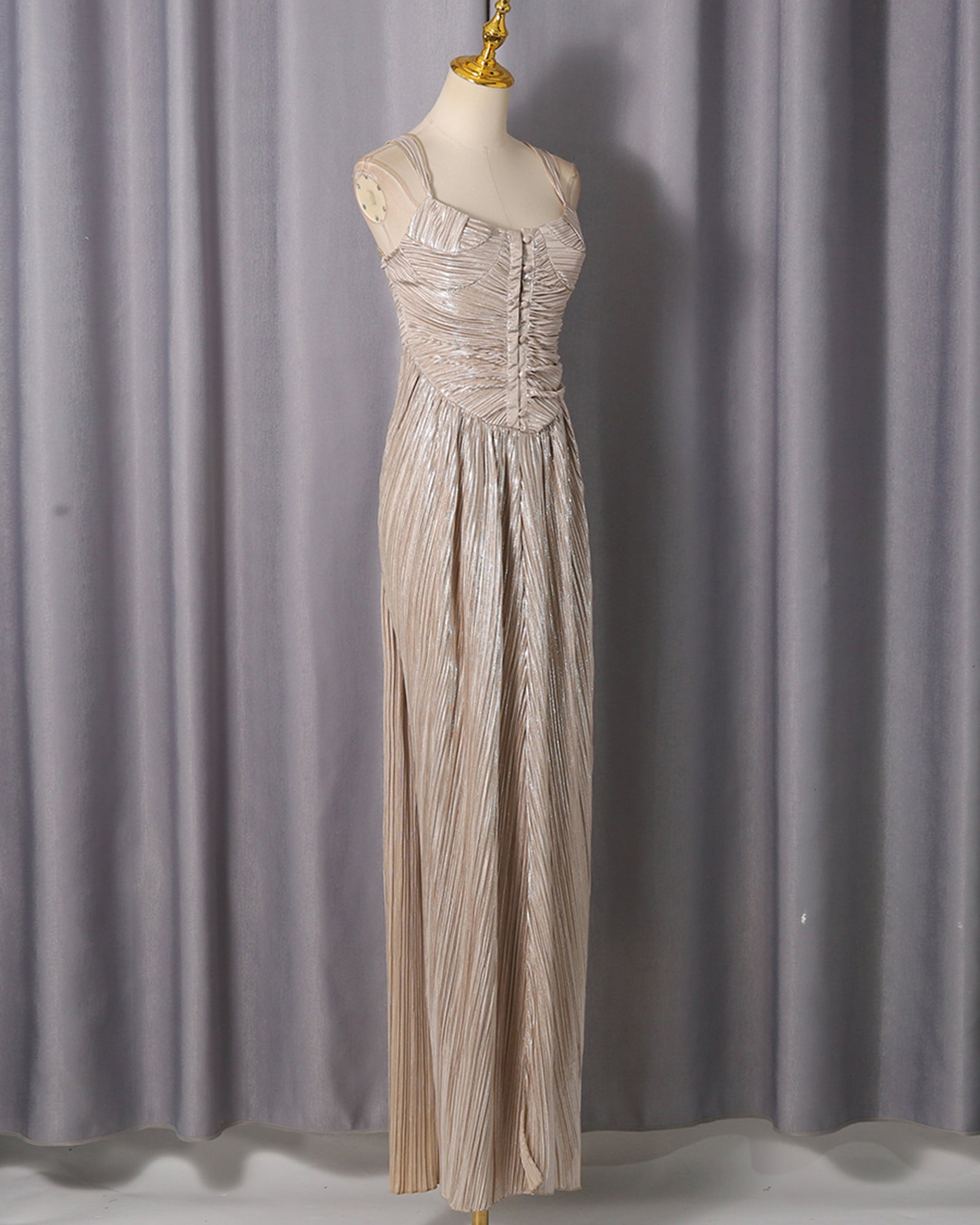 Gold Smocked Ruched Sleeveless Maxi Dress