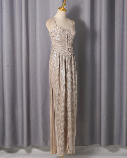 Gold Smocked Ruched Sleeveless Maxi Dress