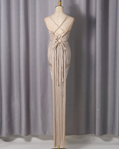 Gold Smocked Ruched Sleeveless Maxi Dress
