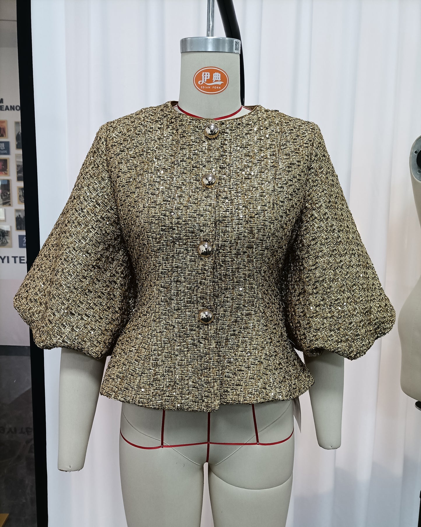 Gold Tunic Puff Sleeve Cropped Jacket