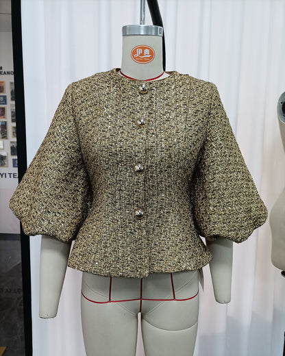 Gold Tunic Puff Sleeve Cropped Jacket