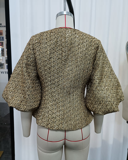 Gold Tunic Puff Sleeve Cropped Jacket