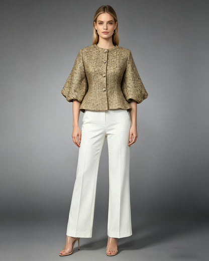 Gold Tunic Puff Sleeve Cropped Jacket