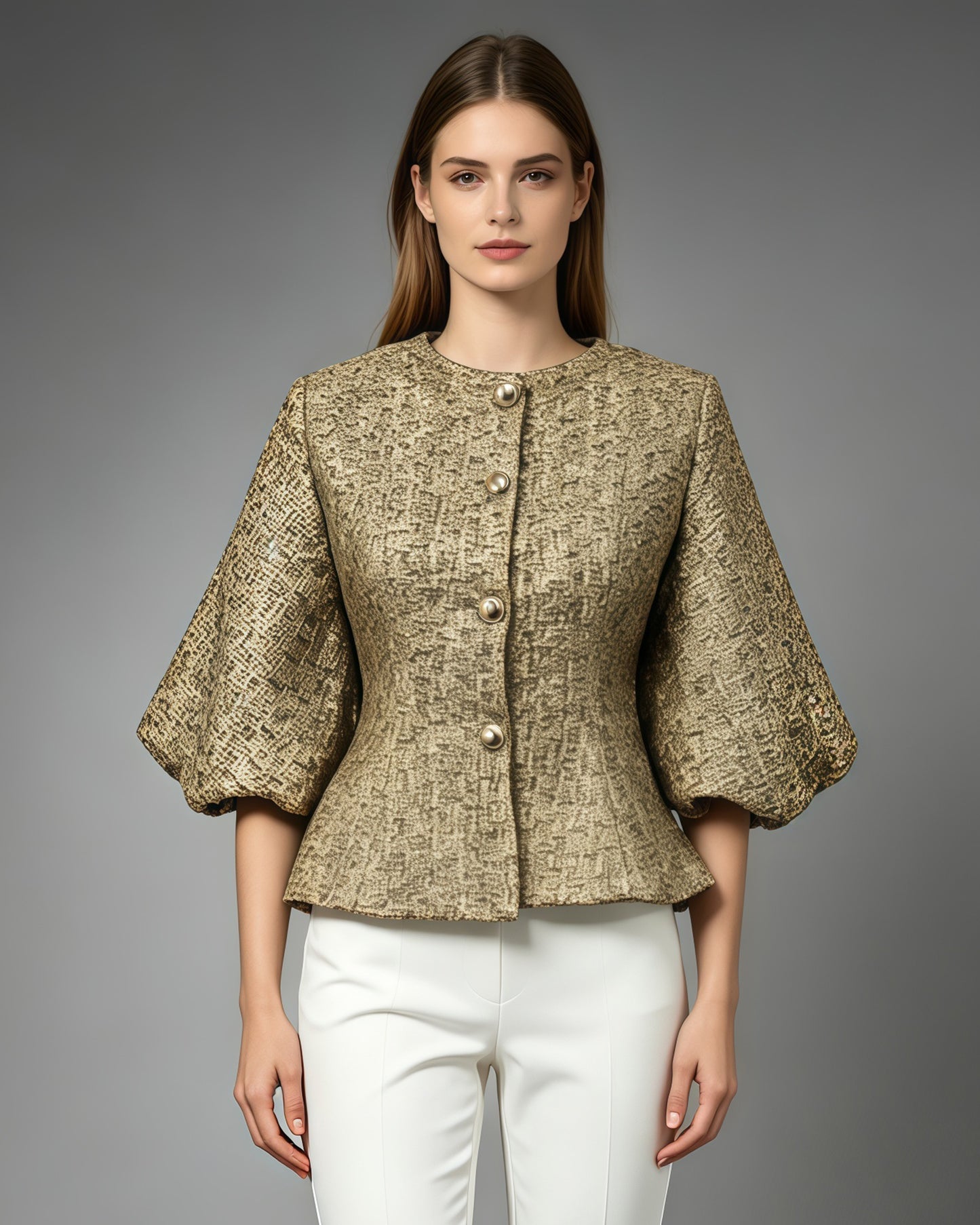Gold Tunic Puff Sleeve Cropped Jacket