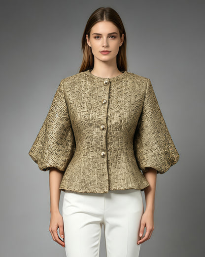 Gold Tunic Puff Sleeve Cropped Jacket