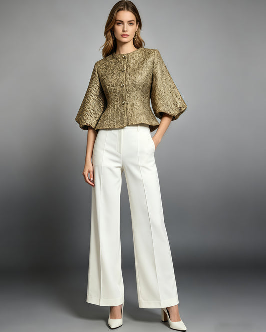 Gold Tunic Puff Sleeve Cropped Jacket