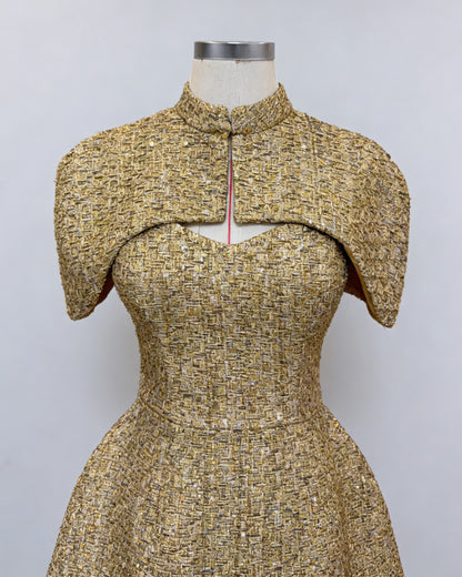 Gold Tweed Cape Fitted Mini Dress Set
