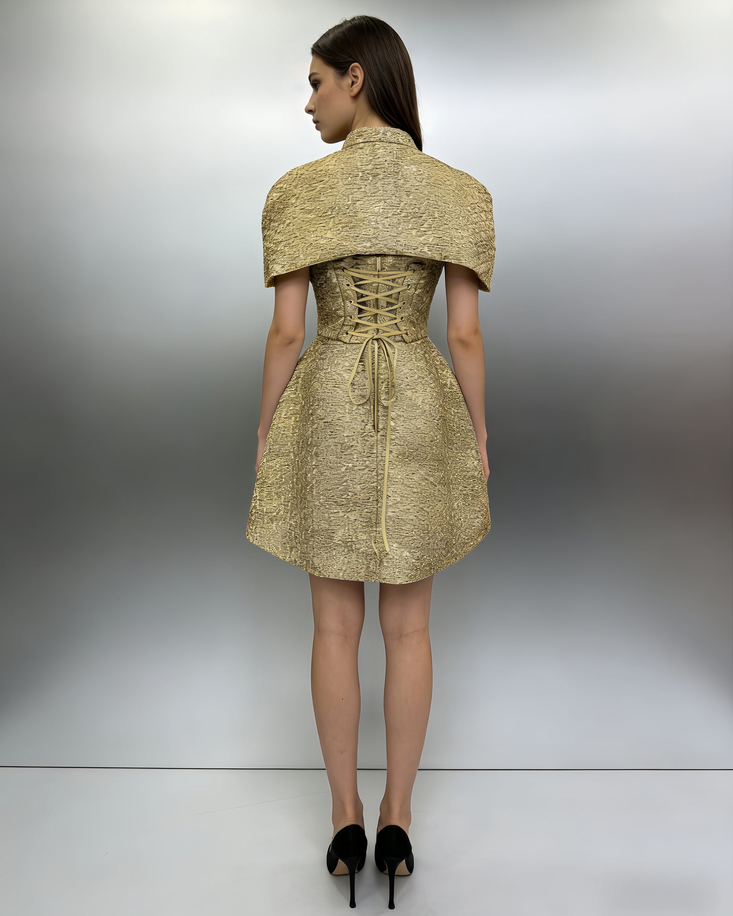 Gold Tweed Cape Fitted Mini Dress Set